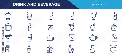 Drink and Beverage Line Icons Pack – Outline Icons of Coffee, Juice, Cocktails, Tea, Wine, and More