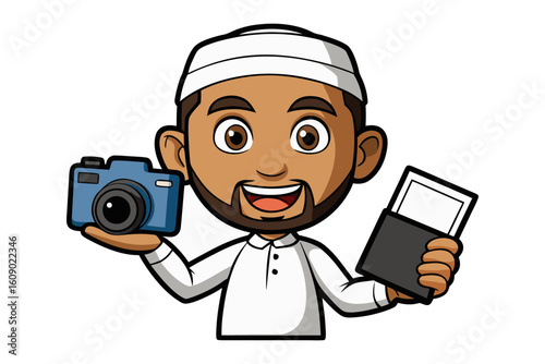 Smiling muslim man wearing a taqiyah holding a camera and a photo frame ready to capture memories