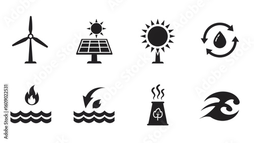 Clean energy icons representing sustainable power and eco-friendly renewable resources