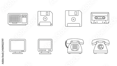Retro technology icons showcasing vintage computers, phones, floppy disks, and cassette tapes