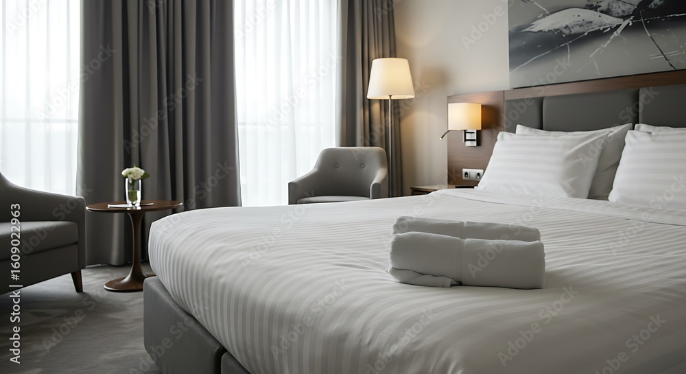 Fototapeta premium Inside Look: White towel on Bed Luxury Hotel