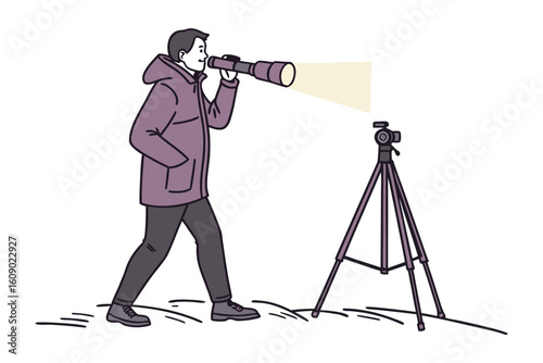 Observant individual utilizes a powerful telescope mounted on a sturdy tripod for detailed celestial or terrestrial viewing