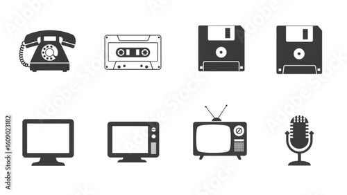 Retro technology icons: Telephone, cassette, floppy disks, TV, computer, and microphone illustrations