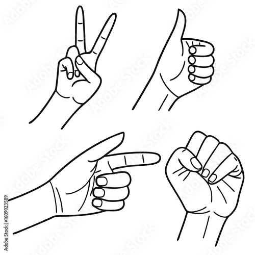 Hand gesture icon set showing various finger signs and hand positions in vector illustration style