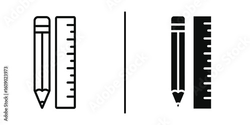 Pencil and Ruler Icon: A simple yet striking image presenting a pencil and ruler, split into two design variations to convey precision and measurement in graphic design.