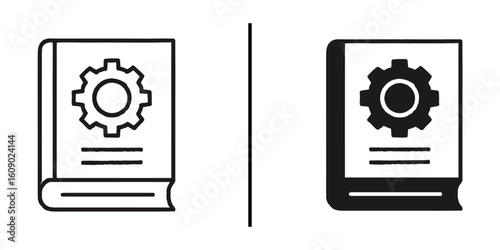 Gear Guidebook Icon: A striking visual representation of a manual or guide featuring a prominent gear symbol on the cover, signifying knowledge and technical instruction.
