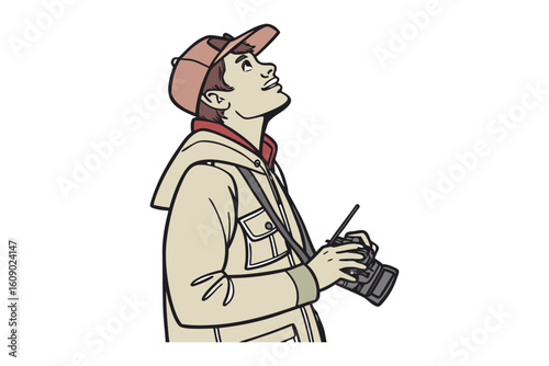 Young man wearing a baseball cap and jacket looks upwards while holding a camera with a strap around his neck