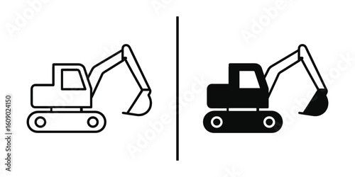 Excavator Icon: A minimalist graphic of an excavator, one in silhouette, against a clean background, with the excavator showcasing a construction or infrastructure setting.