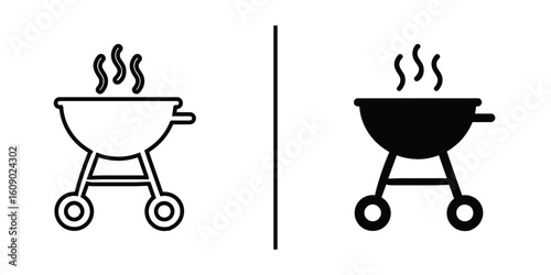 Grill Icon: A detailed black and white icon illustration of a barbecue grill, capturing the essence of outdoor cooking, featuring smoke.