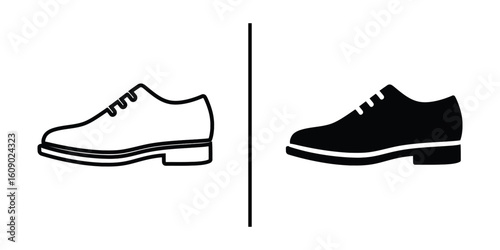 Shoes in Contrast: A minimalist display features two elegant oxford shoe illustrations, one rendered in stark black, the other in pure outline form.