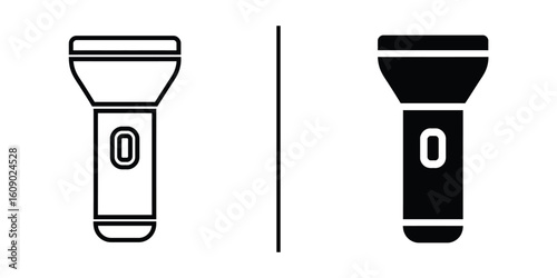 Illustration of Flashlight: A simplistic line illustration, depicting a handheld flashlight, available in both outlined and filled-in black and white styles.