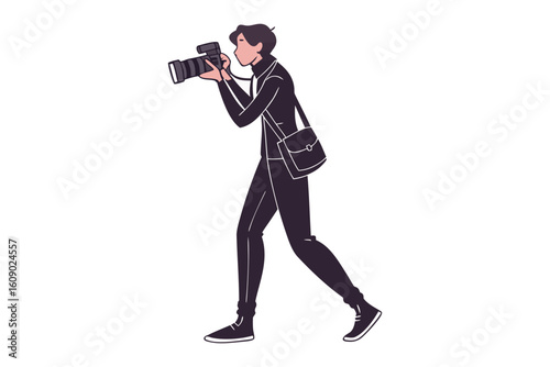 A stylishly dressed individual in a sleek black outfit captures a moment with a professional camera