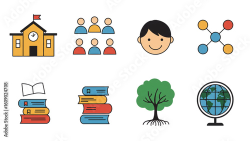 Educational icons representing school, students, knowledge, learning, and global connections, ready for design.
