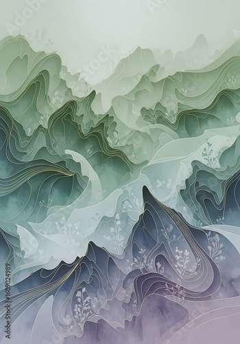Serene mountain range abstract painting landscape with tranquil color palette shades