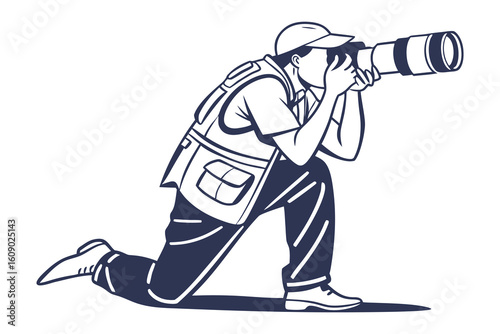 Skilled photographer kneeling down to capture a perfect shot with a large telephoto lens