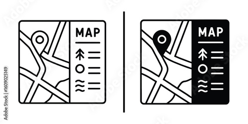 Map Icon Set: A dual-panel illustration presents a map icon set in both monochrome and inverted color schemes, offering versatile design choices for various applications.
