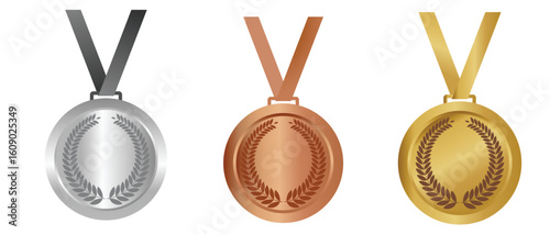 Set of gold, silver and bronze blank medals. Medals  first, second, third place with ribbons.  Realistic isolated trophy and medal collection with metal reward badges for winners. Vector illustration.