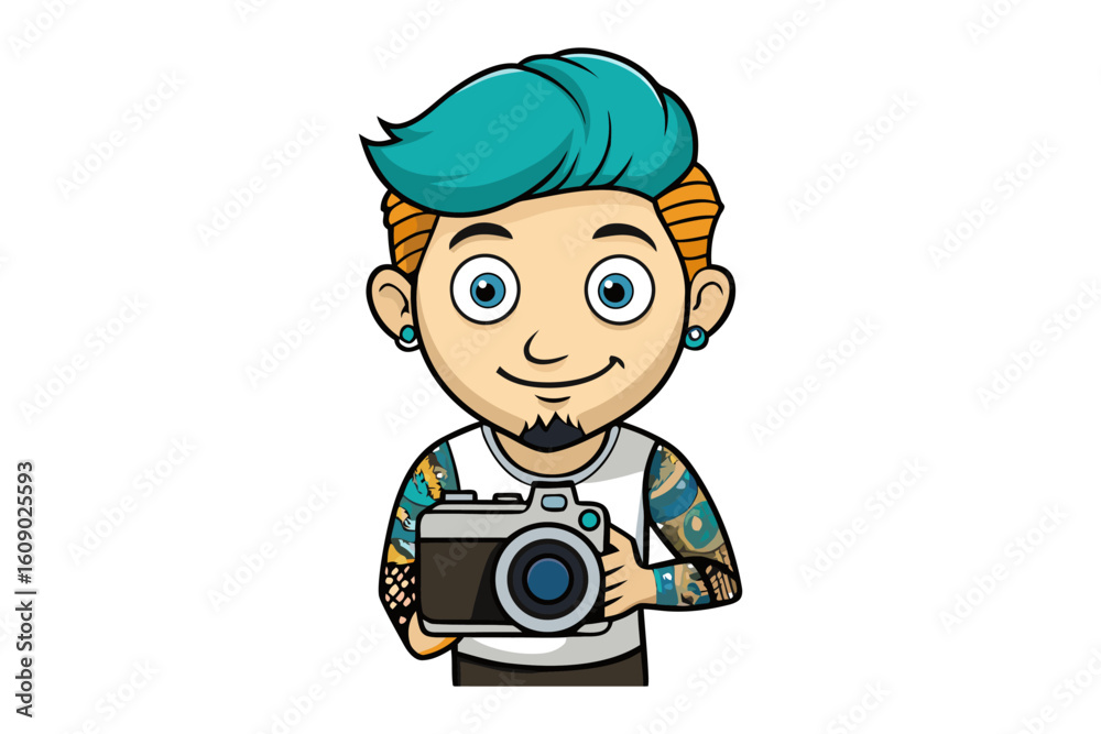 Cartoon character with teal hair and tattoos holding a vintage camera ready to capture moments Cartoon character with teal hair and tattoos holding a vintage camera ready to capture moments