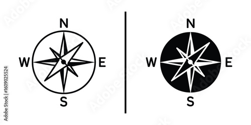 Compass Rose: A classic compass rose with the cardinal directions indicated by black and white icon showing accurate navigation and exploration.