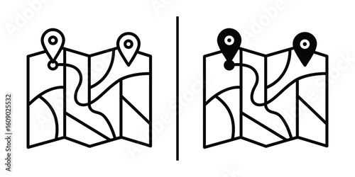 Navigational Journey Illustrated: A minimalist line art composition showcases a map marked with location pins, indicating a journey or destination, conveying direction and exploration.