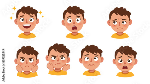 Expressive boy with various emotions: joy, surprise, sadness, anger, fear, and worry for design
