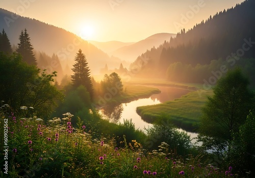 Serene river landscape at sunrise showcasing misty mountains and blooming wildflowers