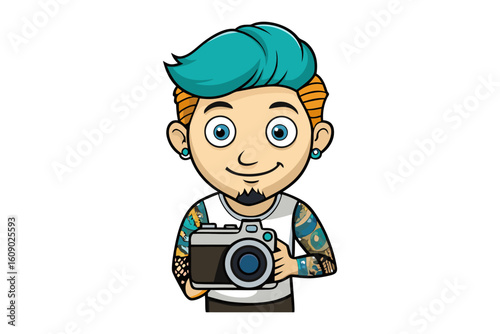 Cartoon character with teal hair and tattoos holding a vintage camera ready to capture moments