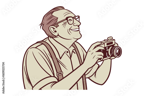 Joyful elderly gentleman with vintage camera capturing a moment with a warm smile and spectacles