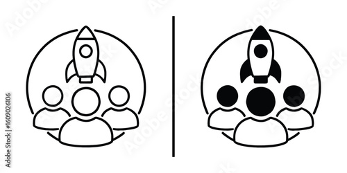 Innovation and Teamwork: A symbolic representation of a team of individuals united under a rocket, emphasizing collaboration, progress, and the pursuit of ambitious goals.