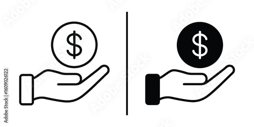 Financial Offering Icon: A minimalist illustration features two hands, each holding a dollar coin, representing giving and receiving in financial context. 