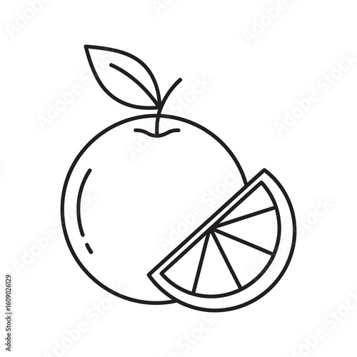 Orange fruit with slice vector line icon representing citrus refreshment healthy vitamin C and tropical juicy food for diet and nutrition