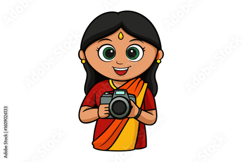 Charming cartoon indian woman in traditional saree holding a digital camera ready to capture memories