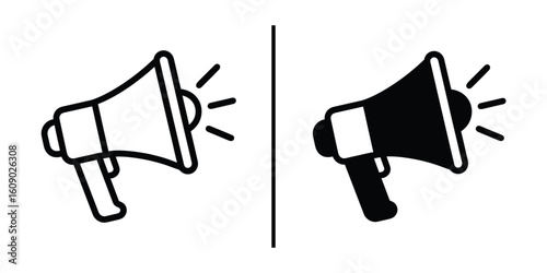 Megaphone Icon: A minimalist representation of a megaphone, offering versatile visual communication in monochrome. The megaphone signifies announcement, voice, sound, and promotion.