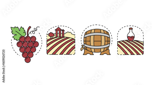 Wine-making elements: grapes, vineyard, barrel, and bottle, ideal for food and beverage branding