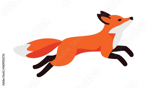 A playful flat-design red fox in mid-leap, showcasing its agility and vibrant presence in nature.
