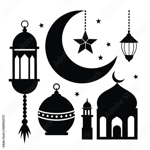 A versatile collection of four islamic eid celebration decorative elements in silhouette style for festive designs