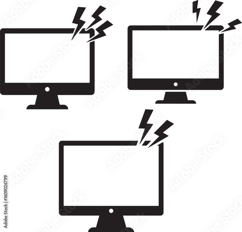 Three computer monitors with lightning bolts silhouette