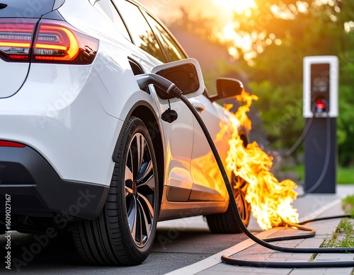 A white electric car is charging at a station, but flames erupt from the charging cable