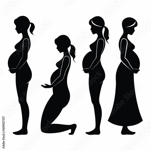 Collection of four distinct silhouette poses of a pregnant woman in various stages of expectation and comfort