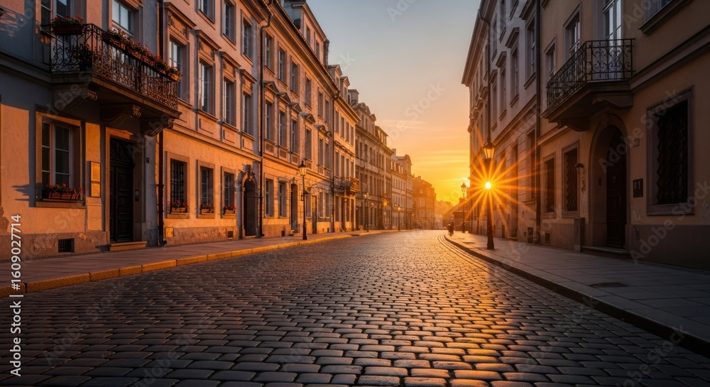 Fototapeta premium Sunrise on a cobblestone street, lined with historic buildings
