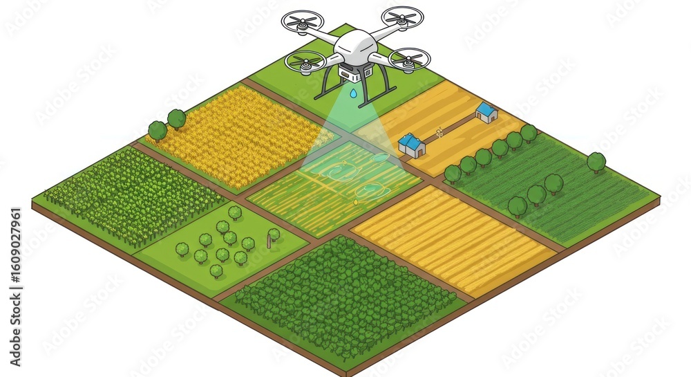 Fototapeta premium A drone monitors and sprays a multifield farm