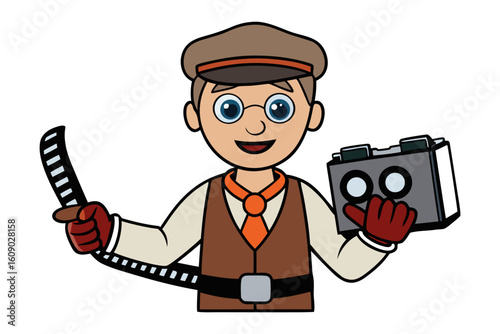 Cartoon filmmaker character holding vintage film reel and retro camera ready for cinematic creation