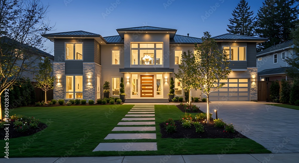 Obraz premium Modern luxury home exterior with a beautifully landscaped front yard and driveway at dusk. - Elegant Modern Architecture