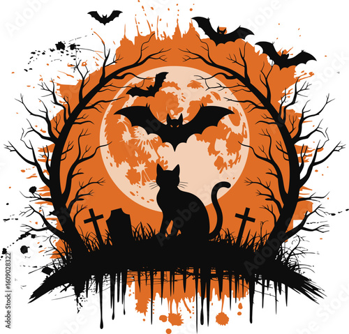 Grunge Halloween vector illustration of a spooky graveyard scene with a black cat silhouette, flying bats, and tombstones against a large orange full moon