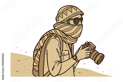 Illustrative depiction of a person wearing traditional middle eastern headwear and clothing holding a camera and looking to the side