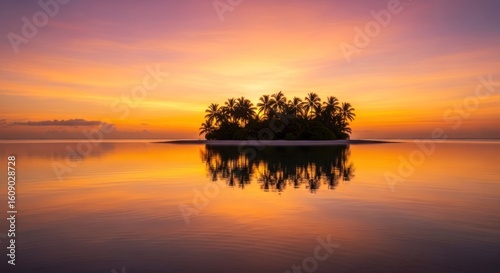 Sunrise over a tranquil island, reflected perfectly in the calm water