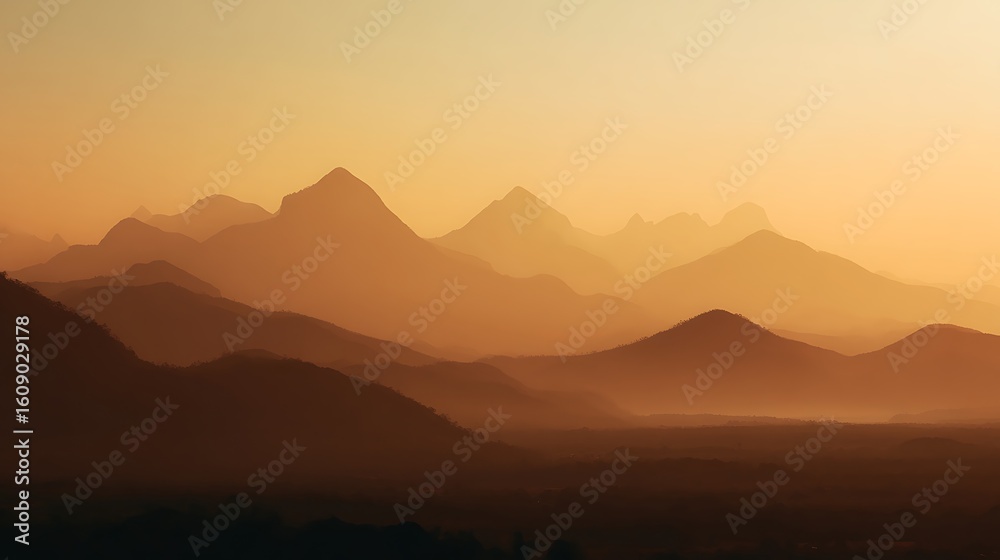 Obraz premium Golden sunset casting warm light over mountain peaks with soft sky gradient and distant haze in peaceful natural background
