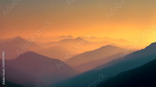 Golden sunset casting warm light over mountain peaks with soft sky gradient and distant haze in peaceful natural background