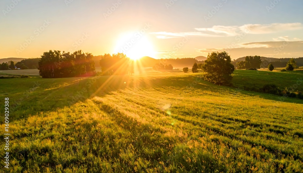 Obraz premium Golden sunset over a grassy field