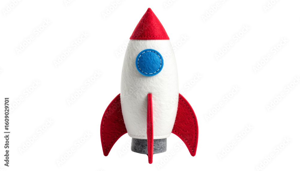 Gray felt rocket toy with white body and red fins plus blue window isolated on solid white background Gray felt rocket toy with white body and red fins plus blue window isolated on solid white background